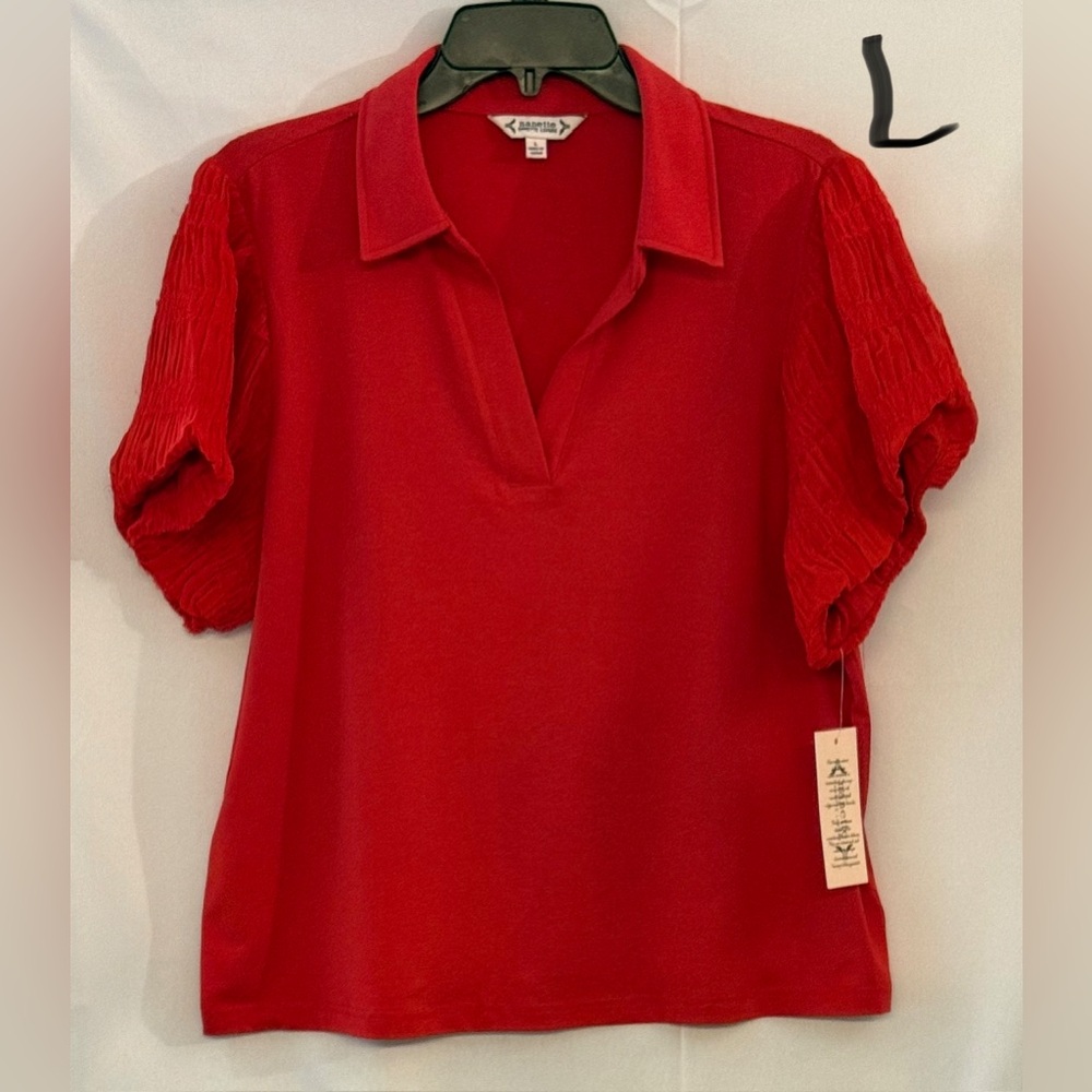 Nannette Vibrant Red Blouse with Pleated Sleeves